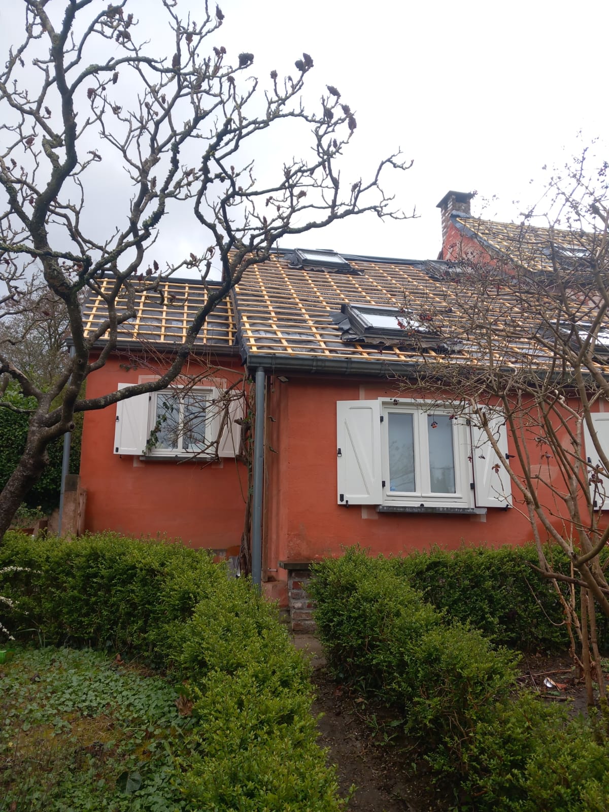 Chantier de rénovation de toiture vu depuis le jardin
